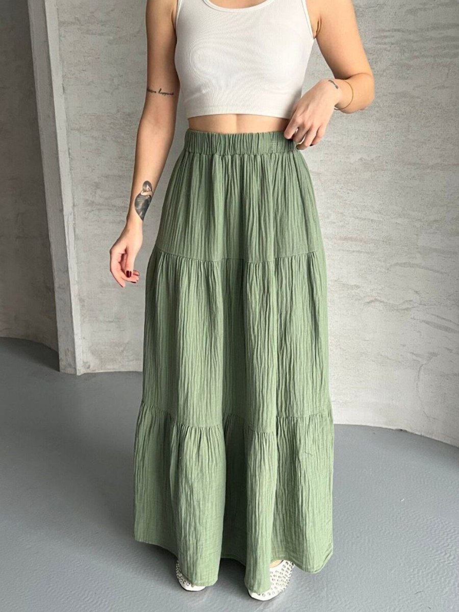 İLKCET MODA Haki Uzun Büzgülü Katlı Müslin Kumaş Etek