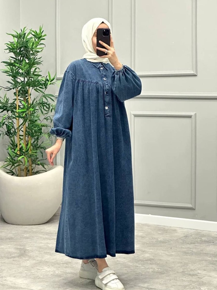 OlaLady Lacivert Robadan Büzgülü Balon Kollu Denim Kot Elbise
