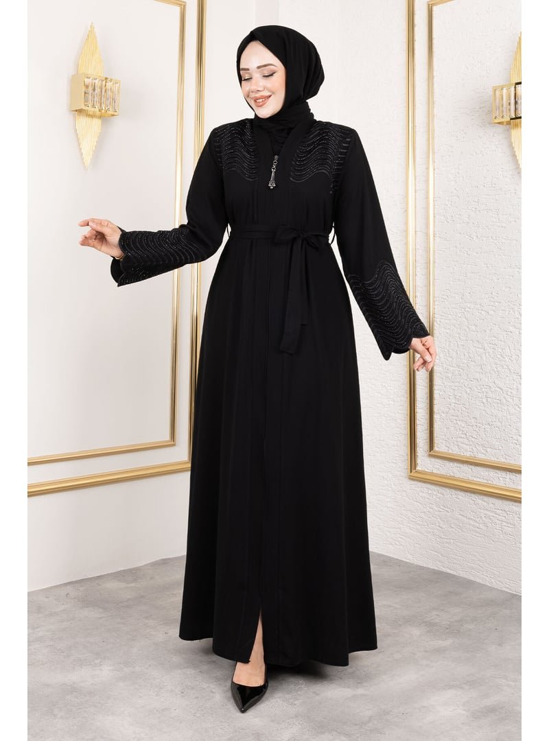 Tesettür Dünyası Siyah Beli Kuşaklı İşlemeli Abaya