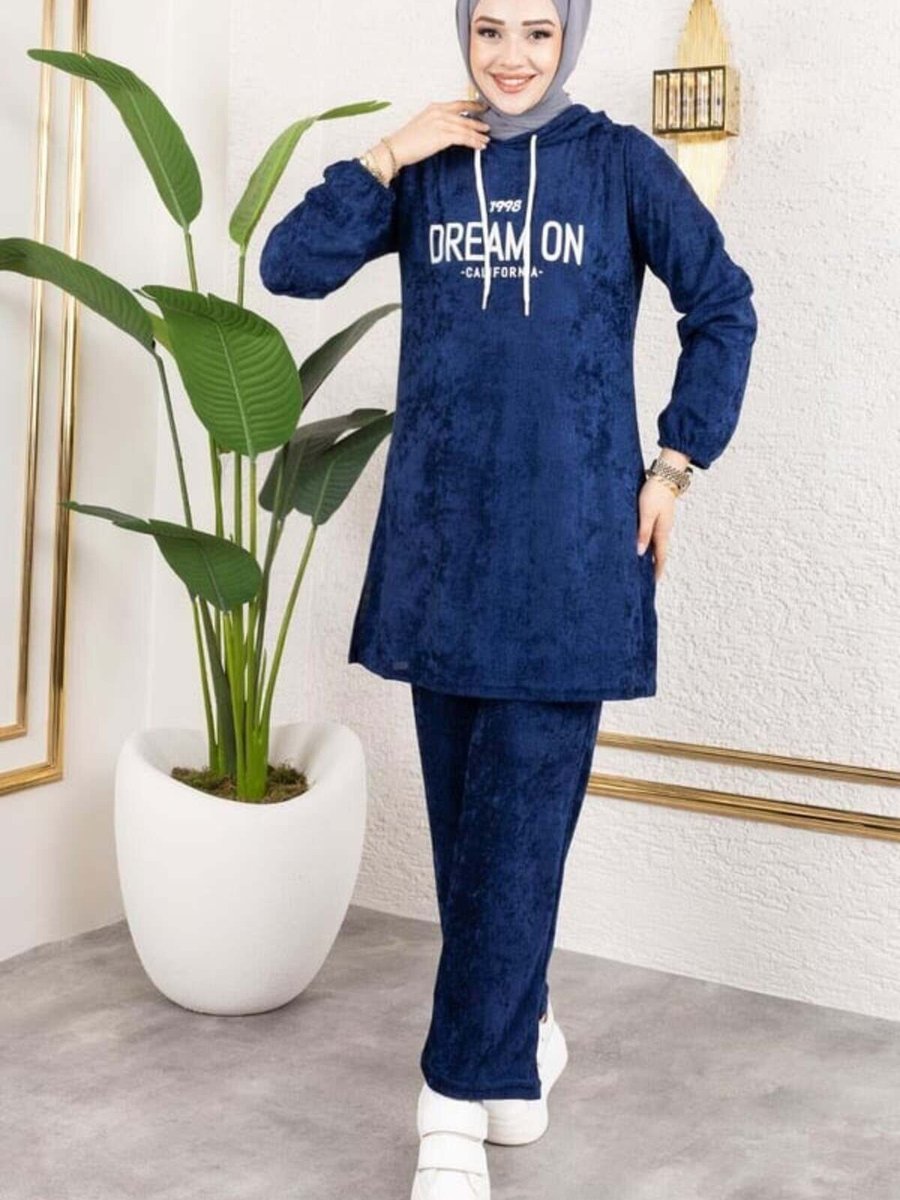 Mec Fashion Lacivert Baskılı Kapüşonlu Kadife İkili Takım