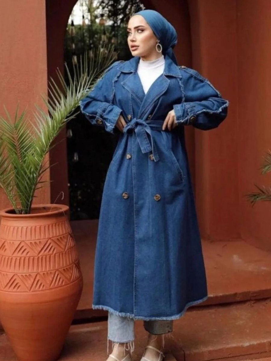 OlaLady Mavi Püskül Detaylı Düğmeli Denim Kot Trençkot