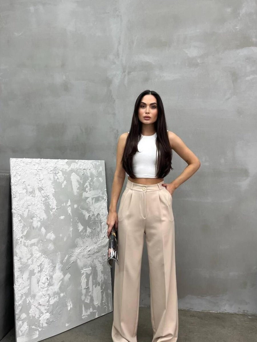 RAWEA FASHİON Gri Bej Palazzo Dabıl Kumaş Pantolon