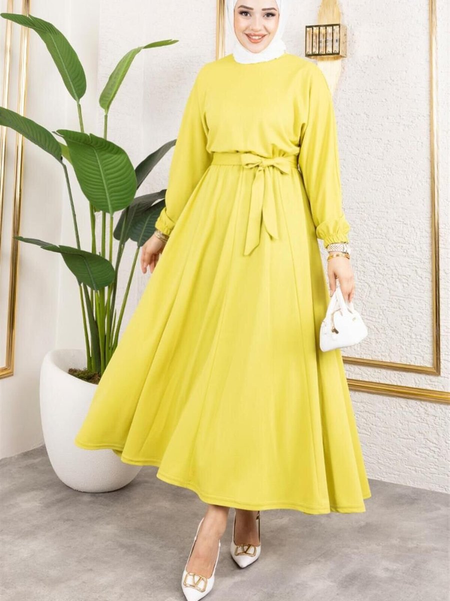 Mec Fashion Asit Beli Büzgülü Kemerli Elbise