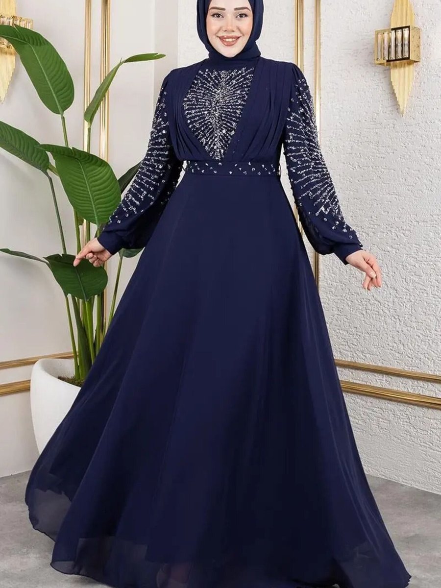 Mec Fashion Lacivert Taş İşlemeli Şifon Abiye Elbise