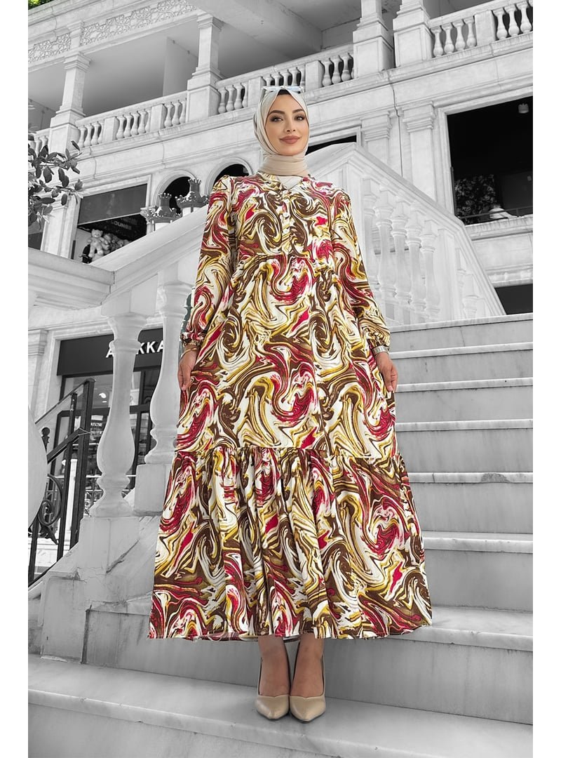 Liz Butik Kahverengi Lolita Viskon Desenli Elbise