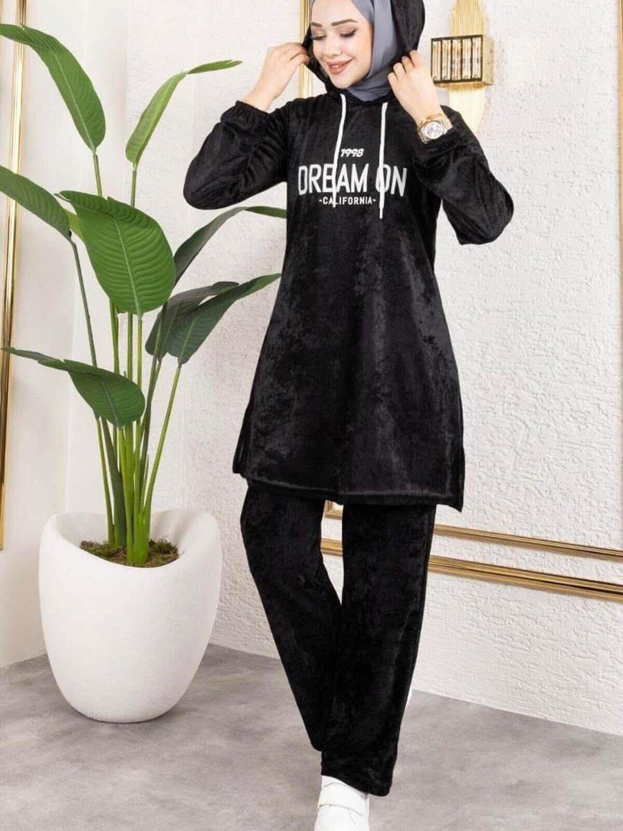 Mec Fashion Siyah Baskılı Kapüşonlu Kadife İkili Takım