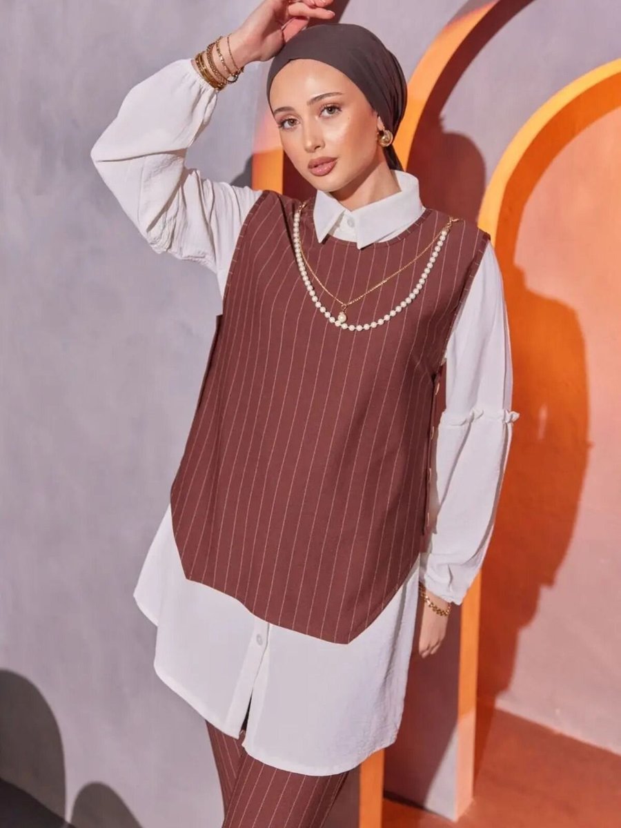 Mec Fashion Kahverengi Üçlü Çizgili Takım