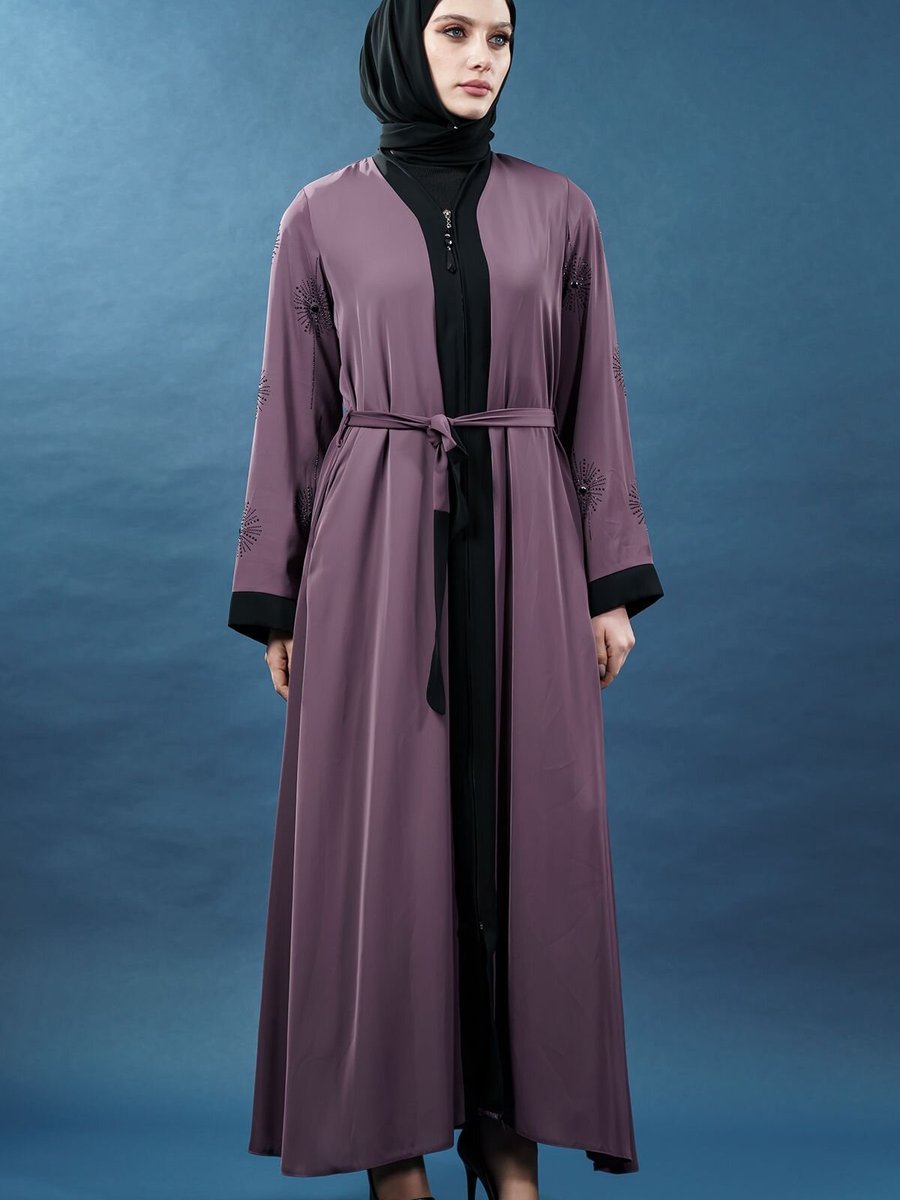 Mec Fashion Gül Kurusu Taş İşlemeli Fermuarlı Abaya
