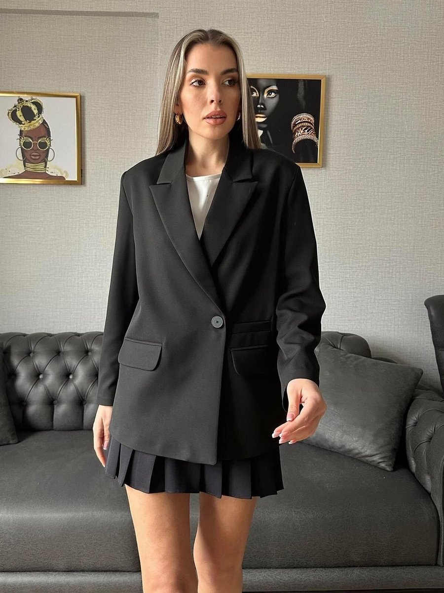 Moda cameo Siyah Cepli Çapraz Tek Düğmeli Blazer Ceket
