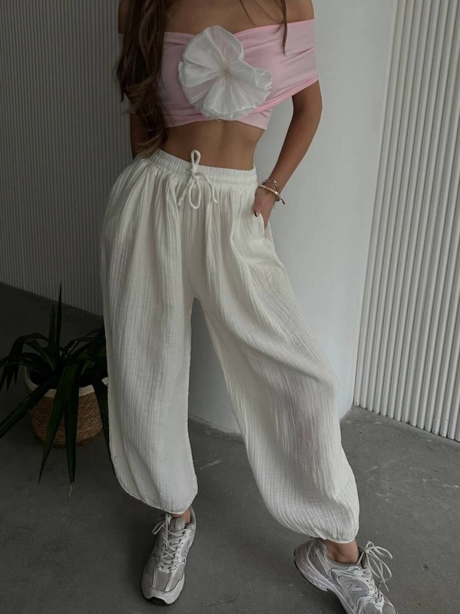 İLKCET MODA Beyaz Müslin Kumaş Oversize Şalvar Pantolon
