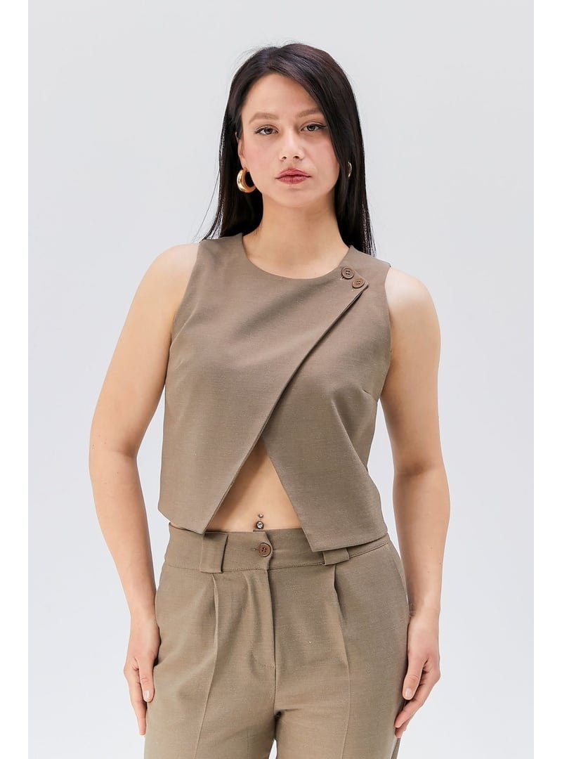 Bolivente Camel Regular Astarlı Omuzdan Düğmeli Yelek