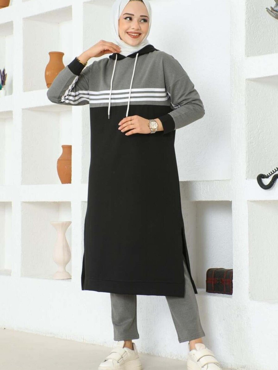 Mec Fashion Siyah Şeritli Yırtmaçlı Spor İkili Takım