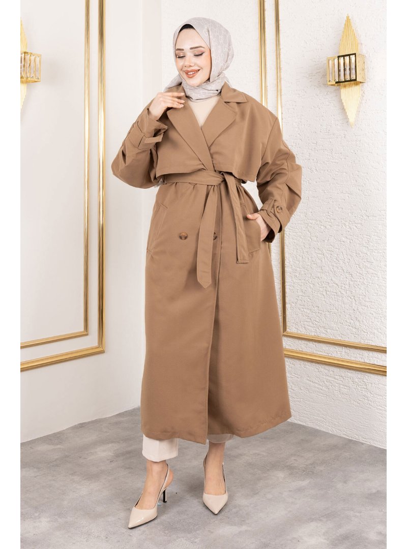 Tesettür Dünyası Taba Ekstra Oversize Trençkot