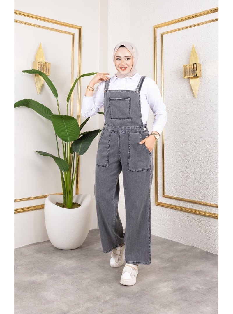 Harmatime butik Cep Detaylı Askılı Gri Kot Tulum
