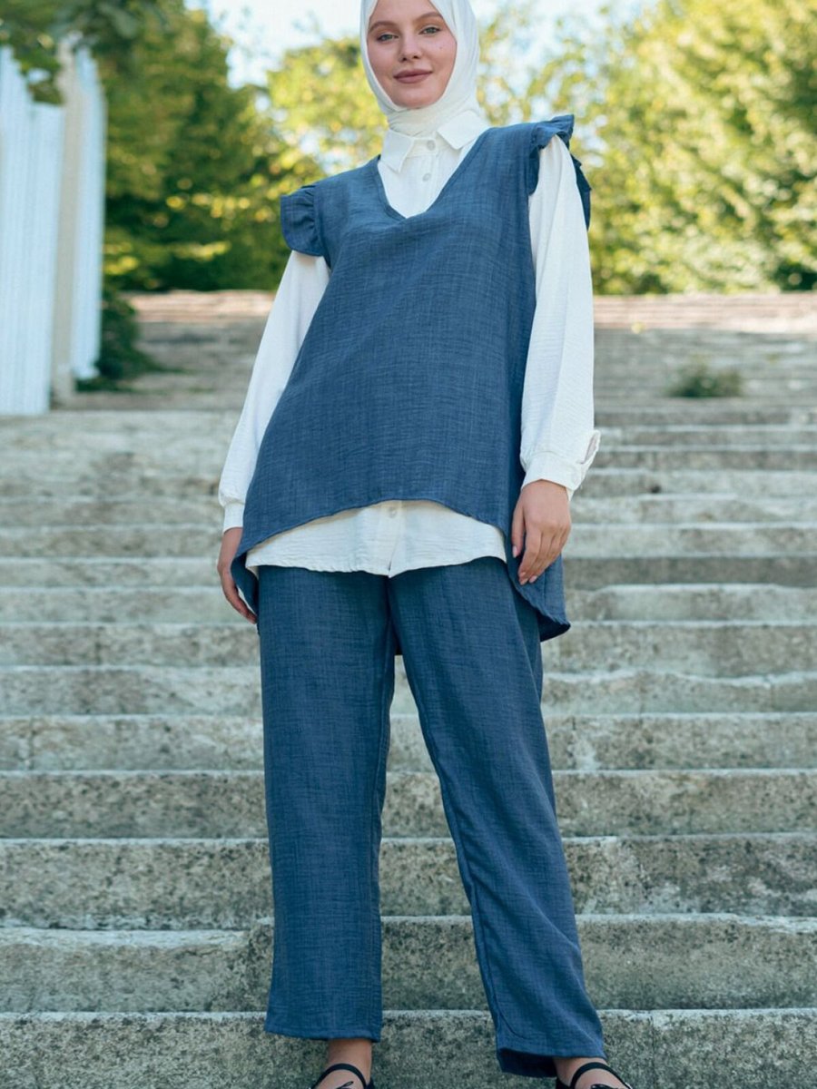 Mec Fashion Lacivert Fırfırlı Üçlü Keten İkili Takım