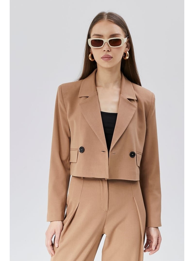 Bolivente Crop Astarlı Dokuma Blazer Ceket Kahverengi