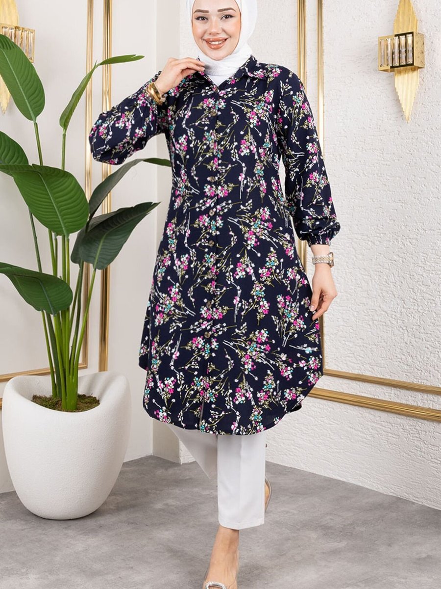Mec Fashion Lacivert Asel Çiçekli Viskon Tunik