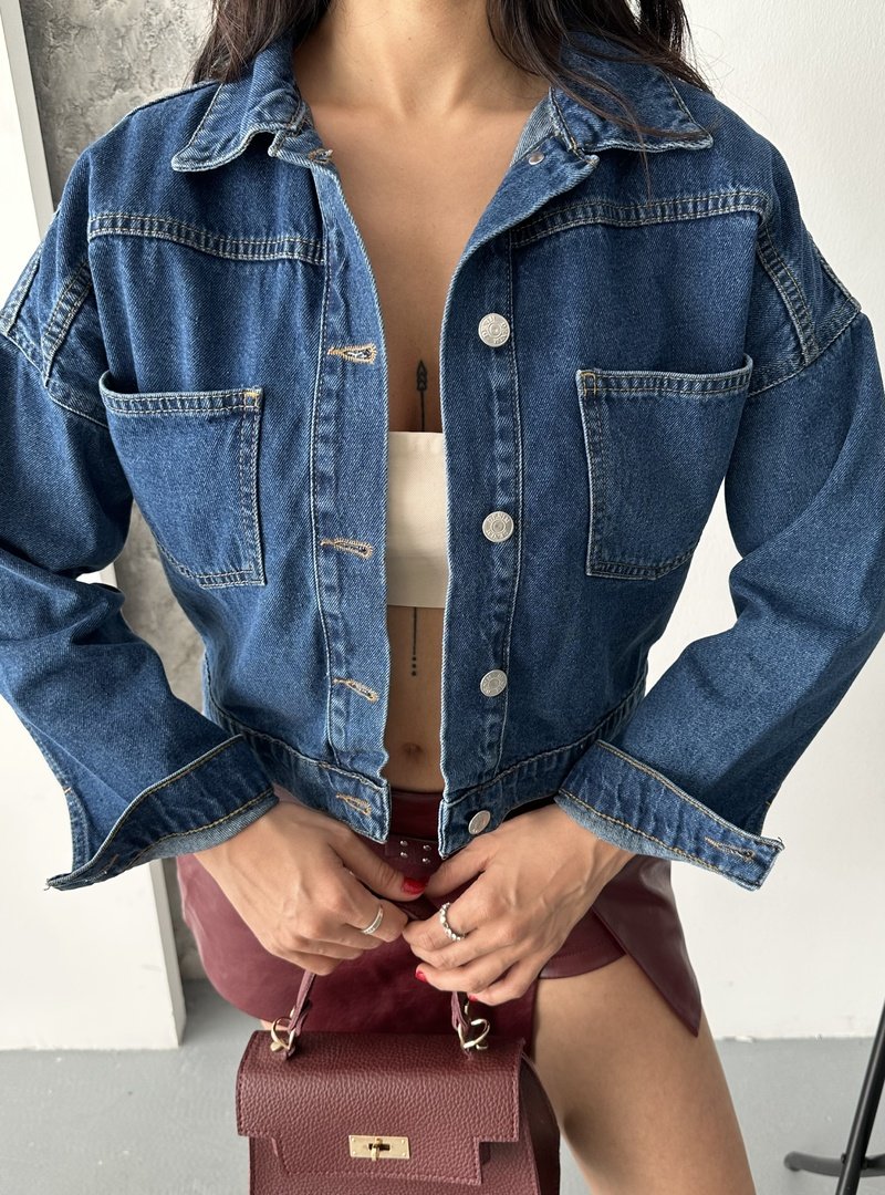 Destemoda Koyu Mavi Kot Çift Cepli Denim Ceket