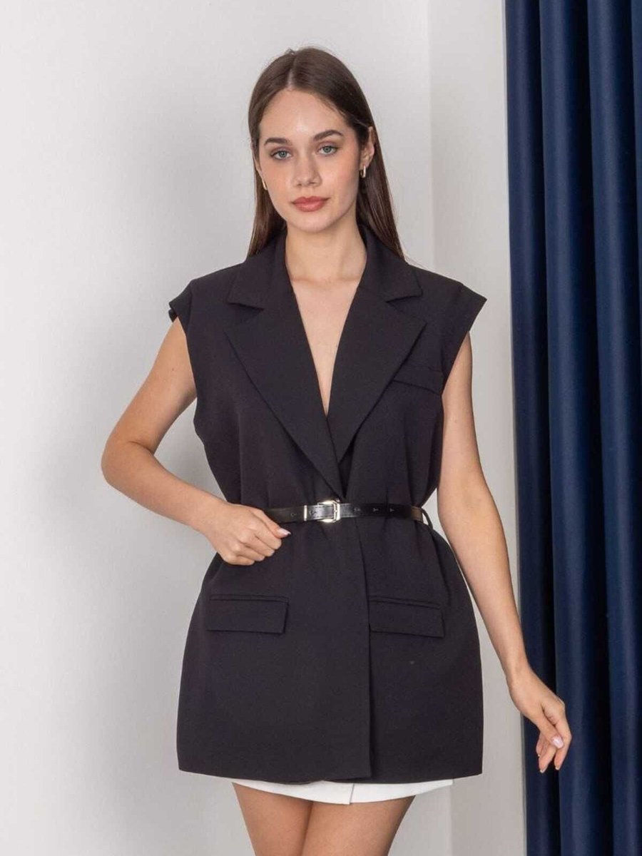 RAWEA FASHİON Siyah Kemerli Şal Yaka Blazer Yelek