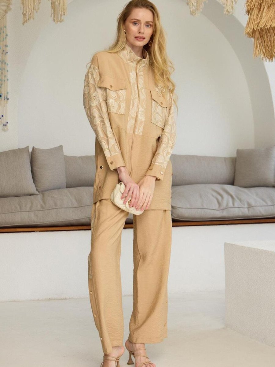 Marwa Latte Gold Dantelli İşlemeli İkili Takım