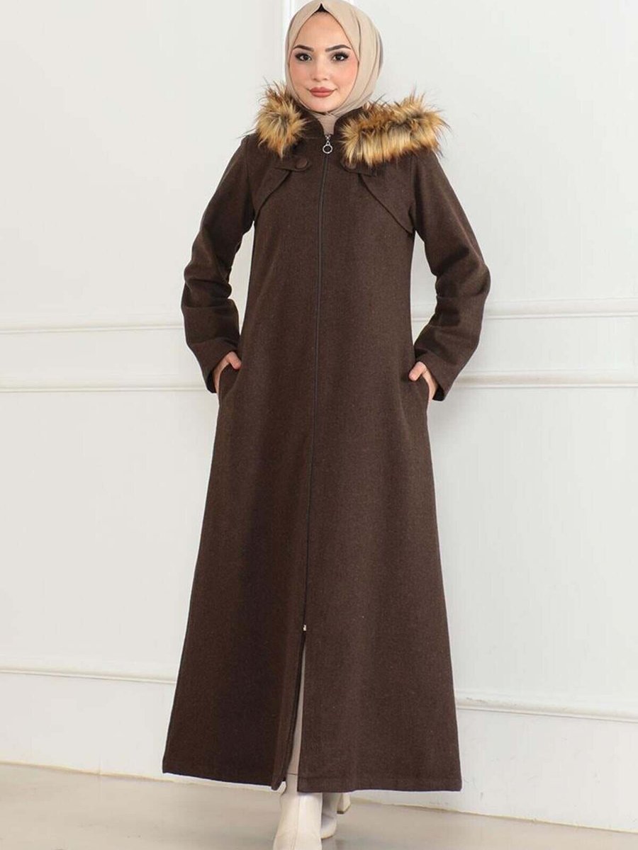 Mec Fashion Kahverengi Kapüşonu Kürklü Kaşe Kaban