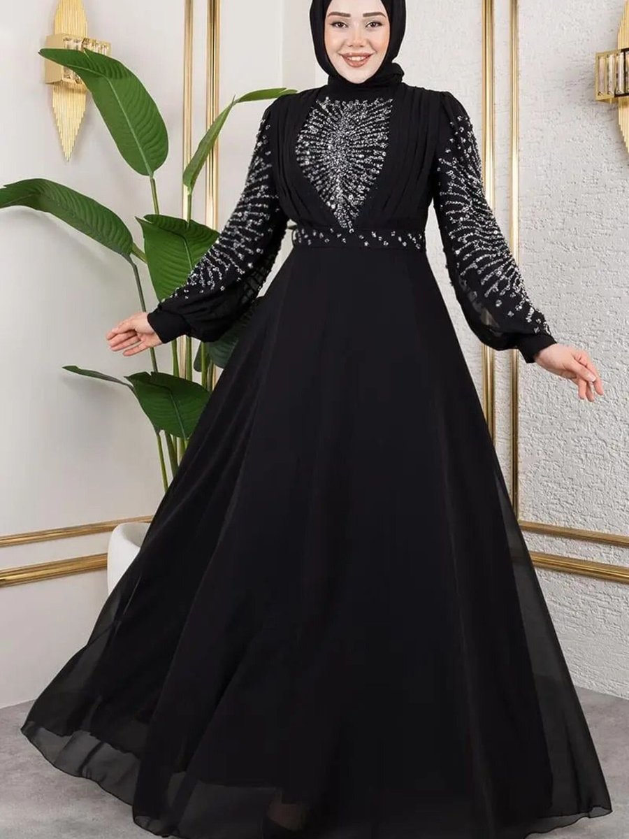 Mec Fashion Siyah Taş İşlemeli Şifon Abiye Elbise