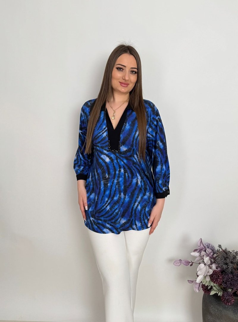 De White`s Büyük Beden Gömlek Yaka Ve Taş İşleme Detaylı Bluz Saks