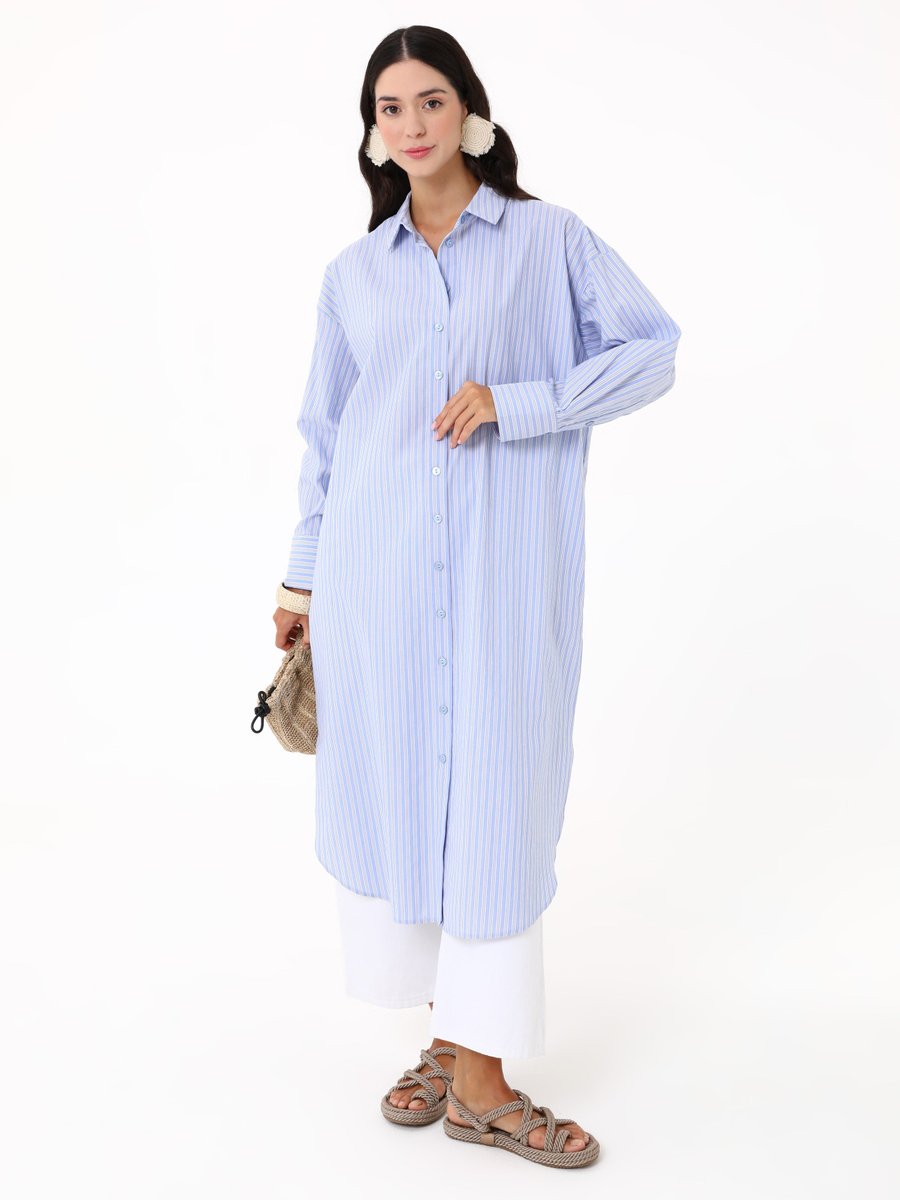Benin Pamuklu Poplin Oversize Gömlek Tunik Lacivert Çizgili