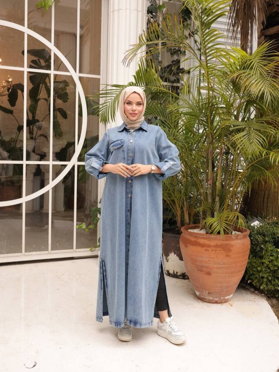 OlaLady Mavi Yırtmaç Detaylı Düğmeli Gömlek Elbise Denim Kap Pardesü