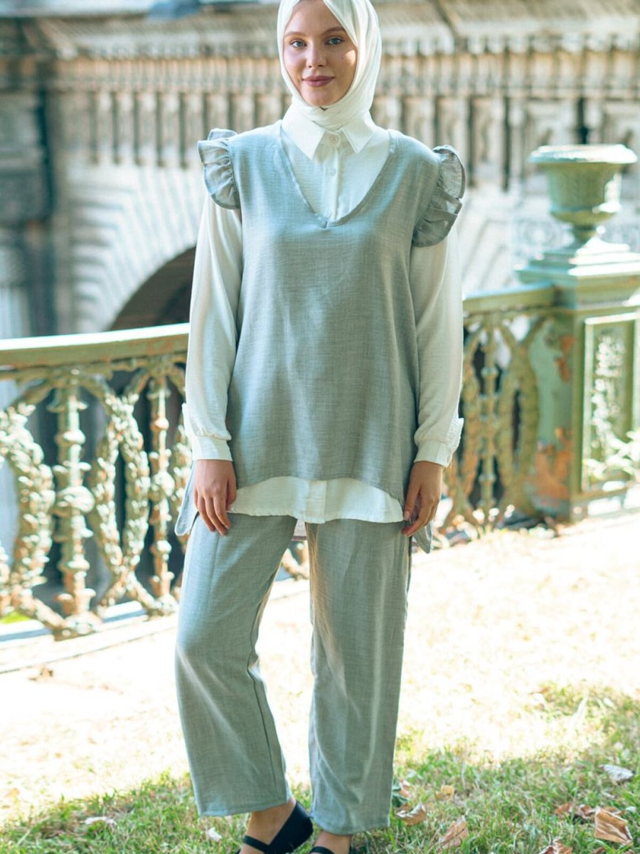 Mec Fashion Gri Fırfırlı Üçlü Keten İkili Takım