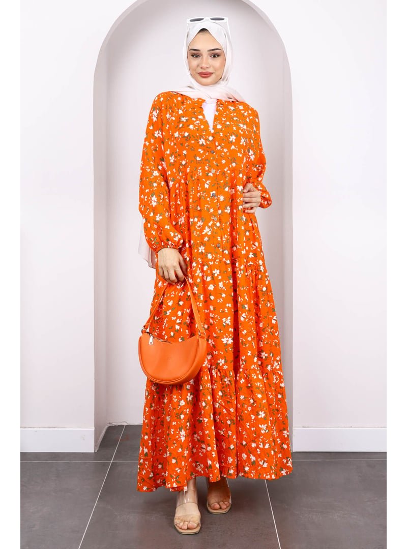 İmaj Butik Orange Yarım Düğmeli Eteği Katlı Elbise