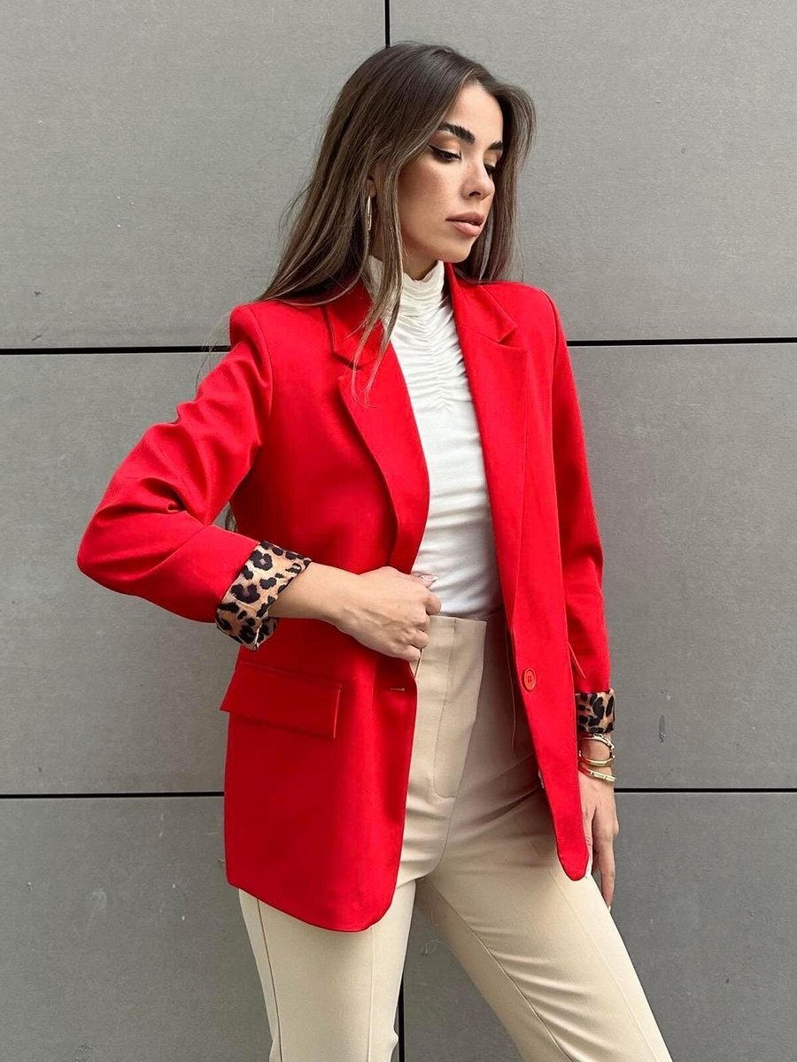 Moda cameo Kırmızı Leopar Detaylı Blazer Ceket