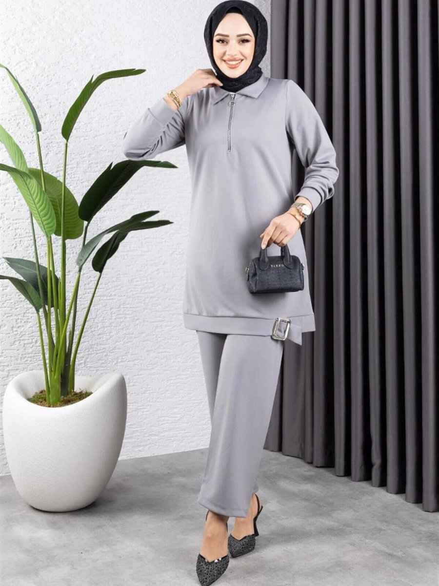 Mec Fashion Gri Yarım Fermuarlı Spor İkili Takım