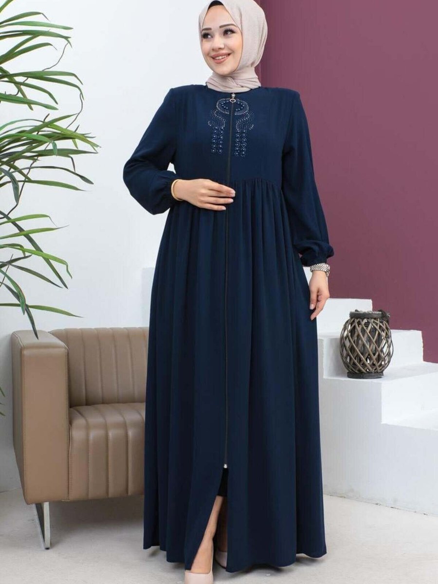 Mec Fashion Lacivert Boncuklu İşlemeli Ferace