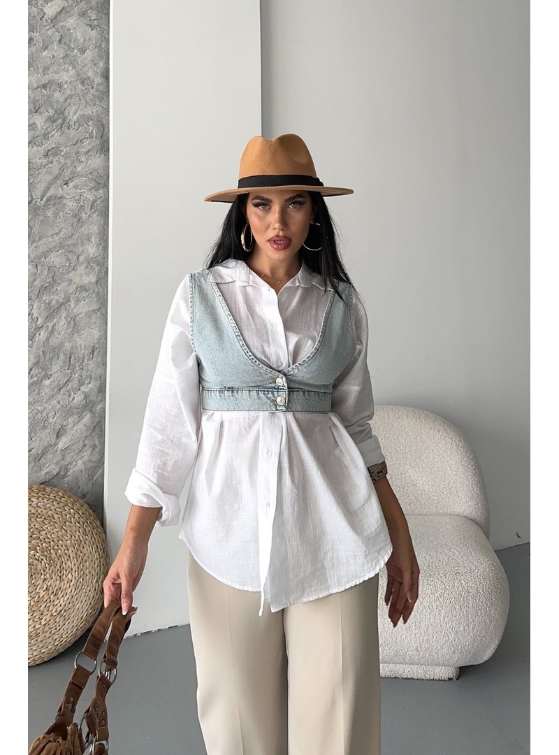 Destemoda Kot Büstiyer Kısa Crop Düğmeli Buz Mavi