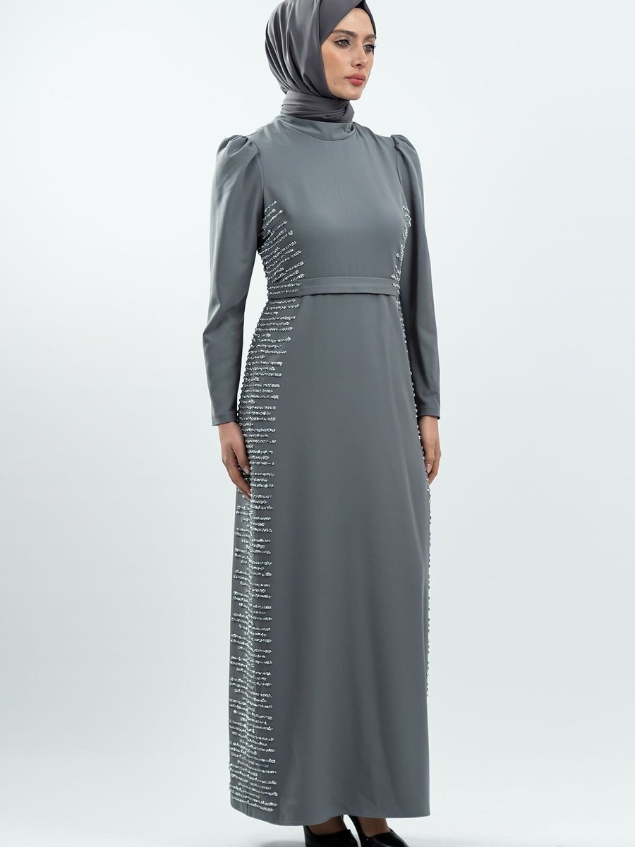 Mec Fashion Gri Taş Detaylı Abiye Elbise
