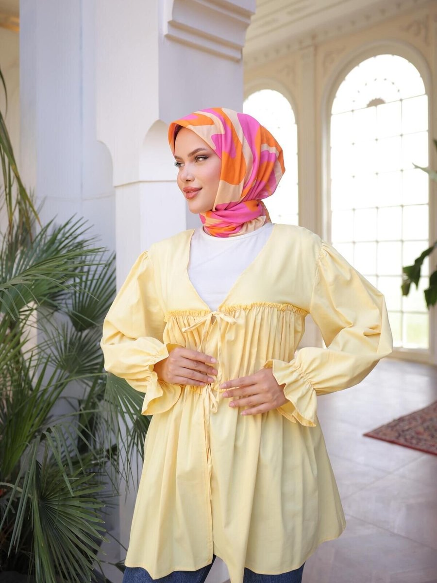 Nergis Neva Butik Sarı Beli Büzgülü Lastikli Kimono Tunik