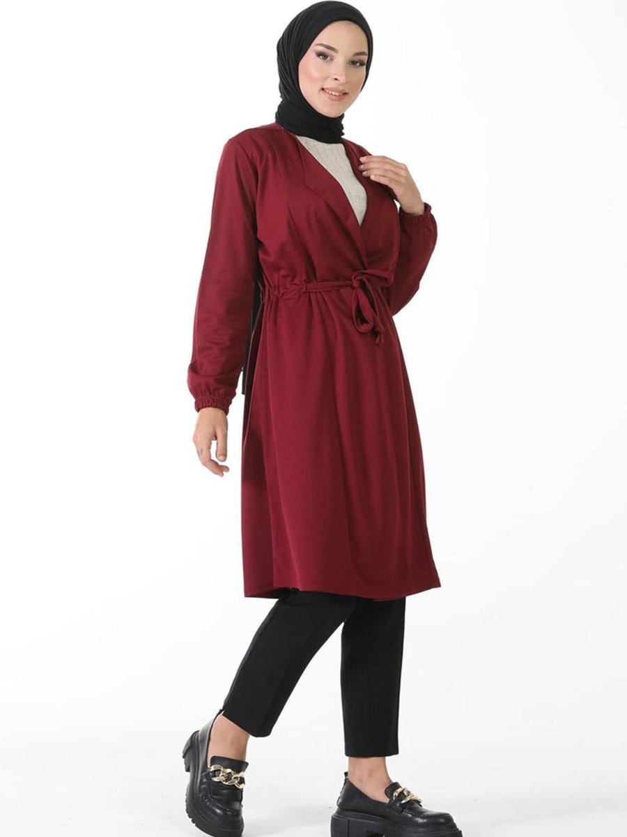 Mec Fashion Bordo Kuşak Detaylı Kimono