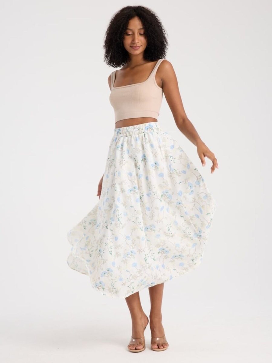 İLKCET MODA Ekru Uzun Çiçek Desen Astarlı Etek