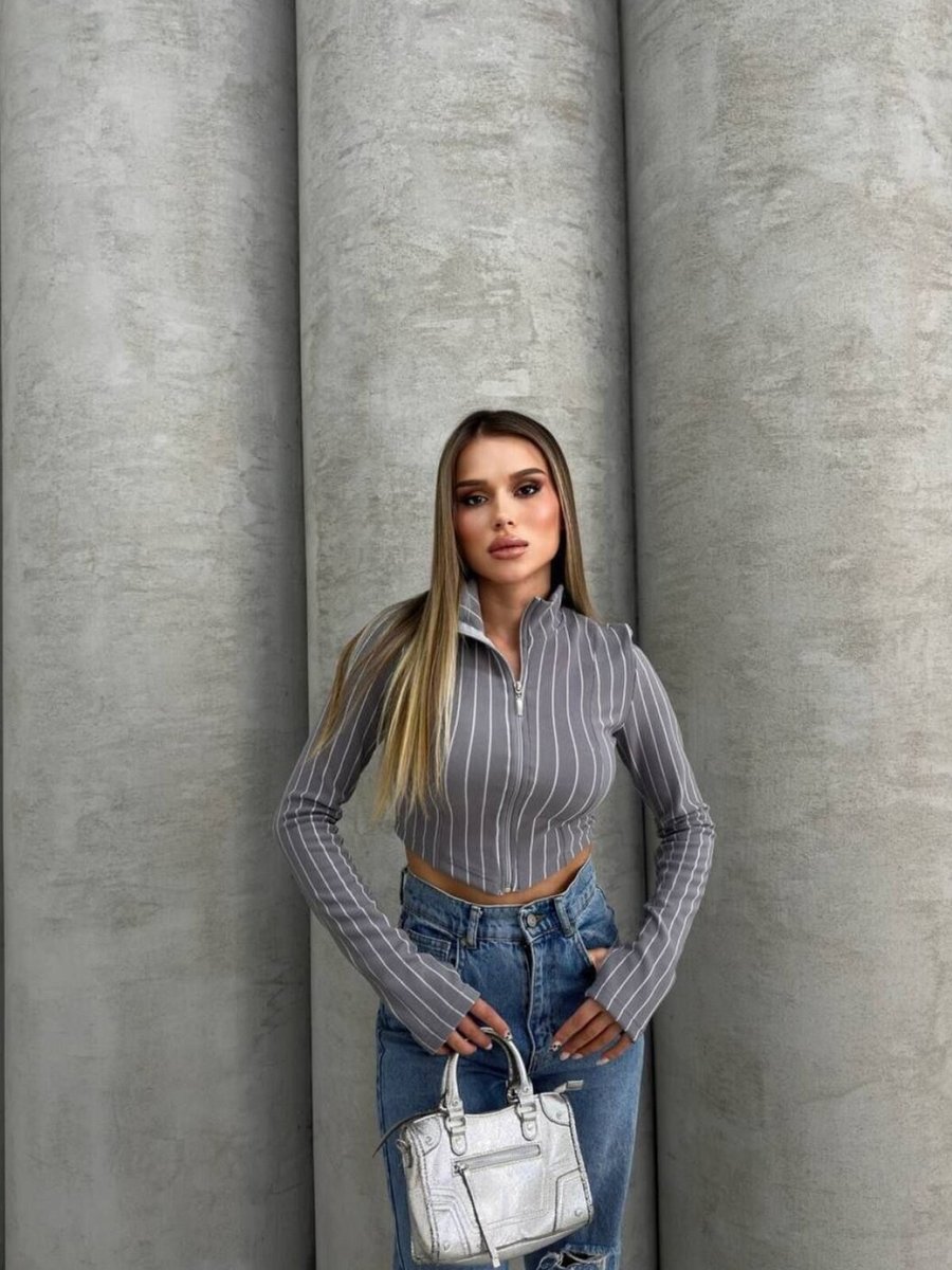 İLKCET MODA Gri Ottoman Parmak Geçmeli Çizgili Crop