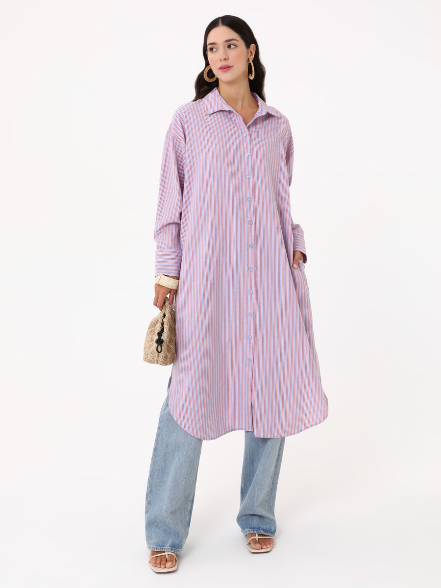 Benin Pamuklu Poplin Oversize Gömlek Tunik Mavi Çizgili