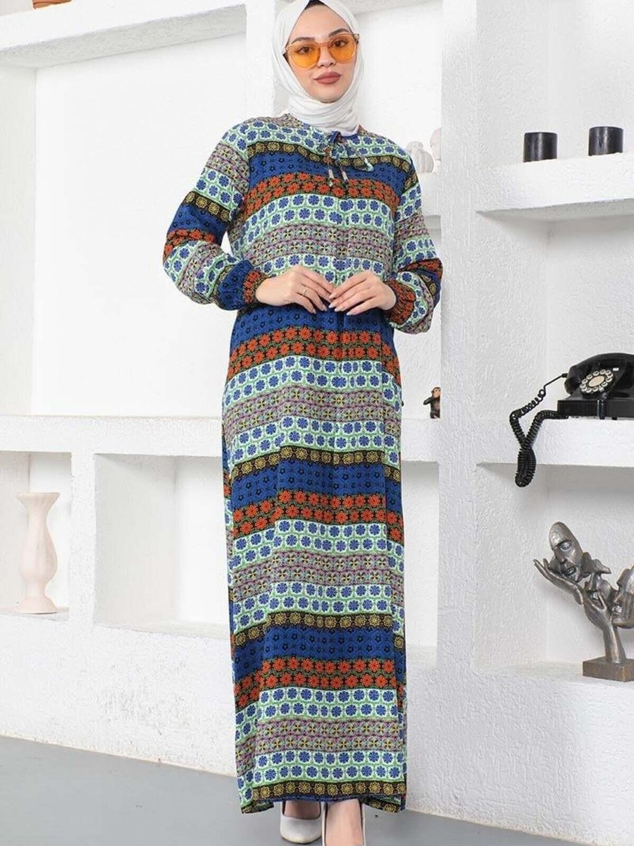Mec Fashion Saks Mavisi Yakası Bağcıklı Viskon Elbise