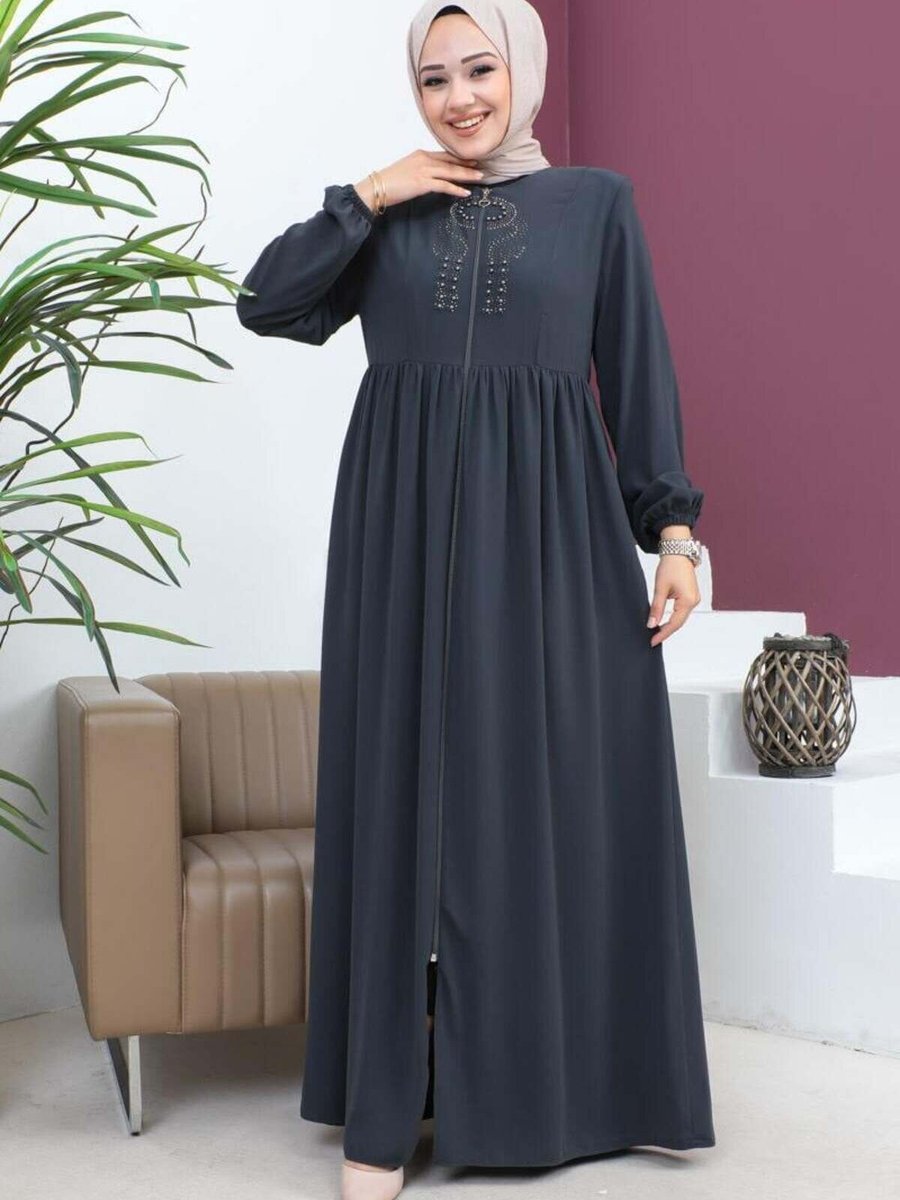 Mec Fashion Gri Boncuklu İşlemeli Ferace