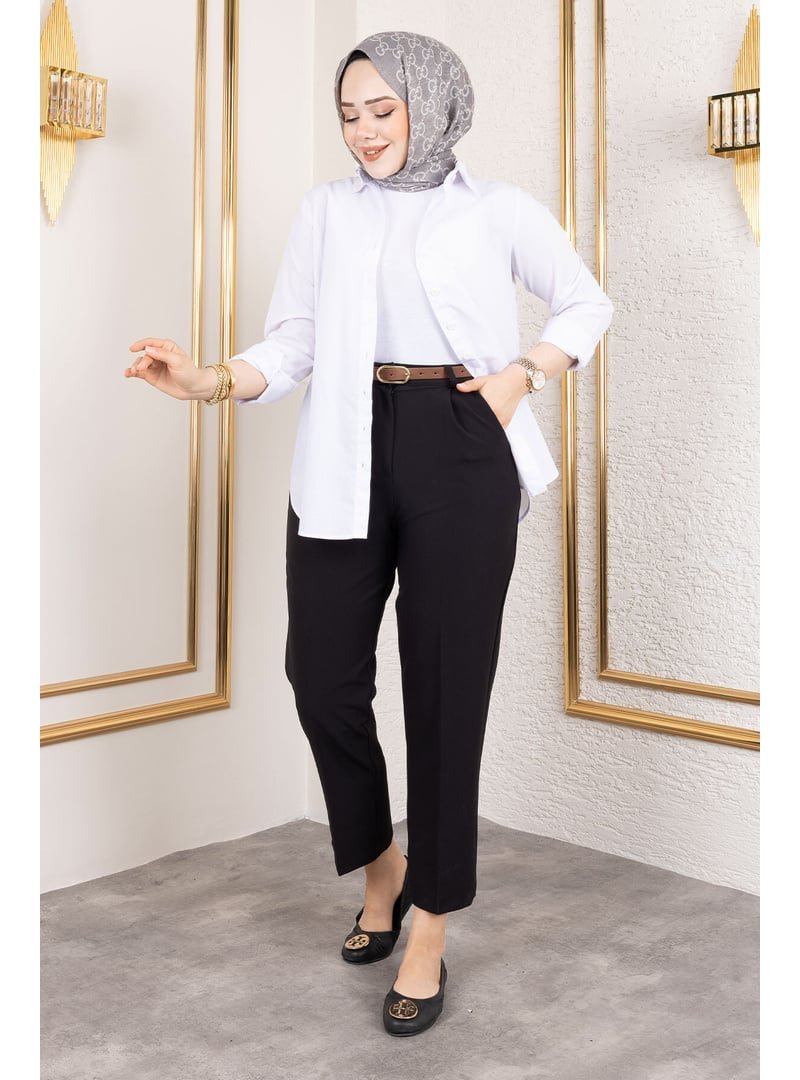 Tesettür Dünyası Siyah Kemerli Yüksek Bel Havuç Pantolon