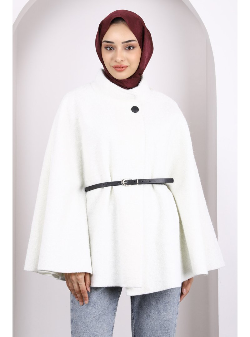 İmaj Butik Ekru Kemerli Kaşe Panço