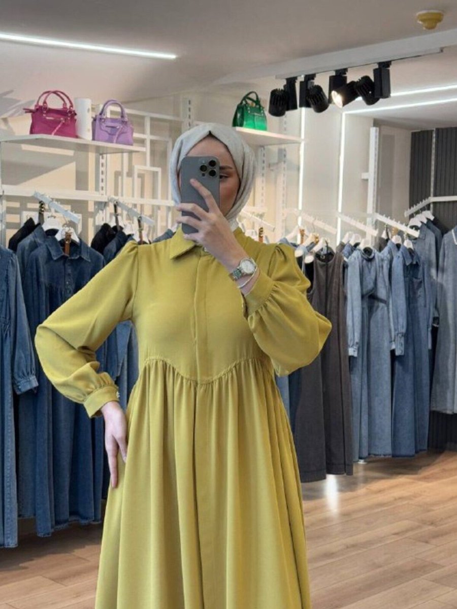 OlaLady Yağyeşili Göğüs Altından Dalga Büzgülü İnce Krep Kap Ferace