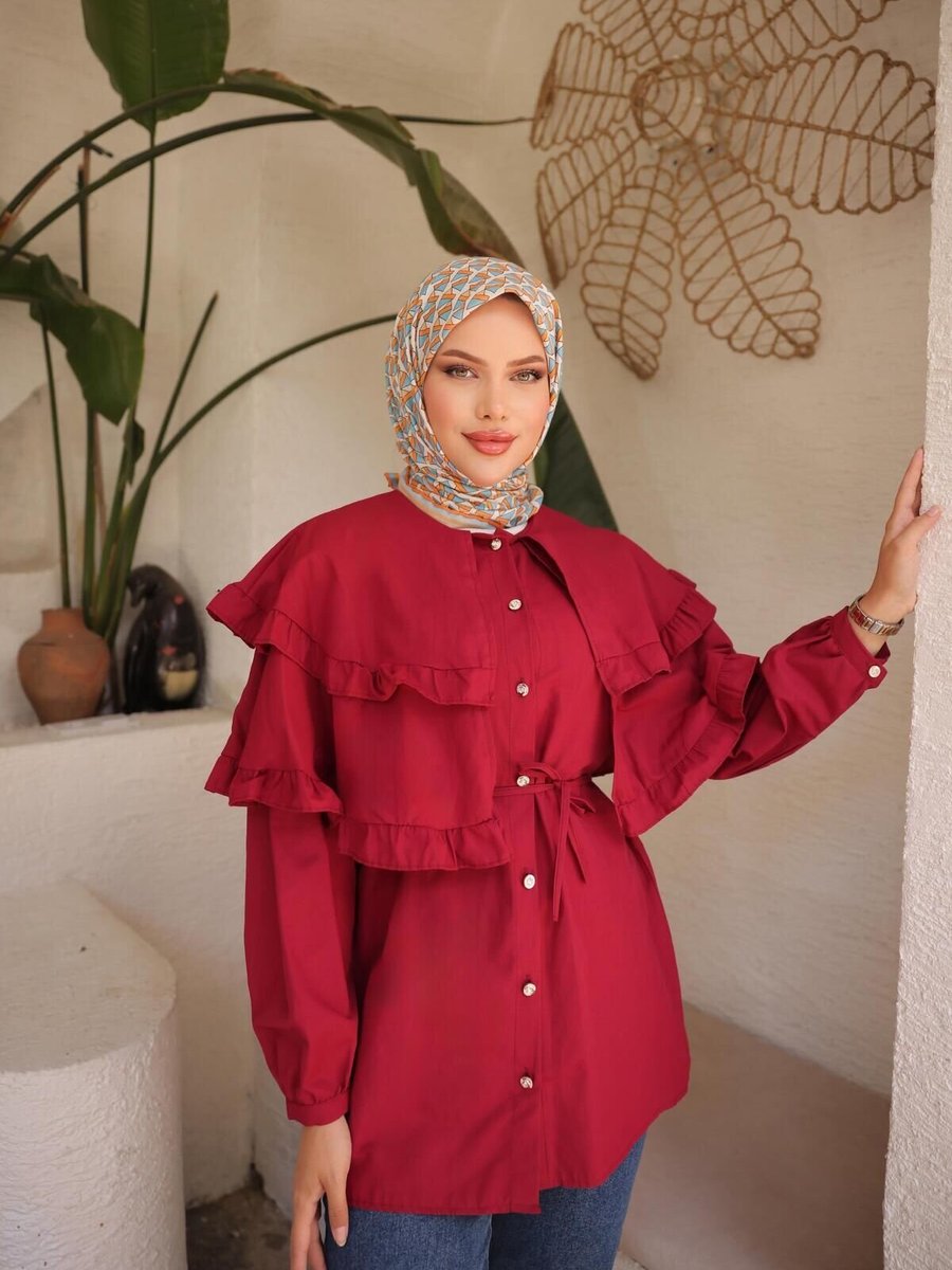 Nergis Neva Butik Bordo Çift Pelerinli Beli Bağlamalı Tunik