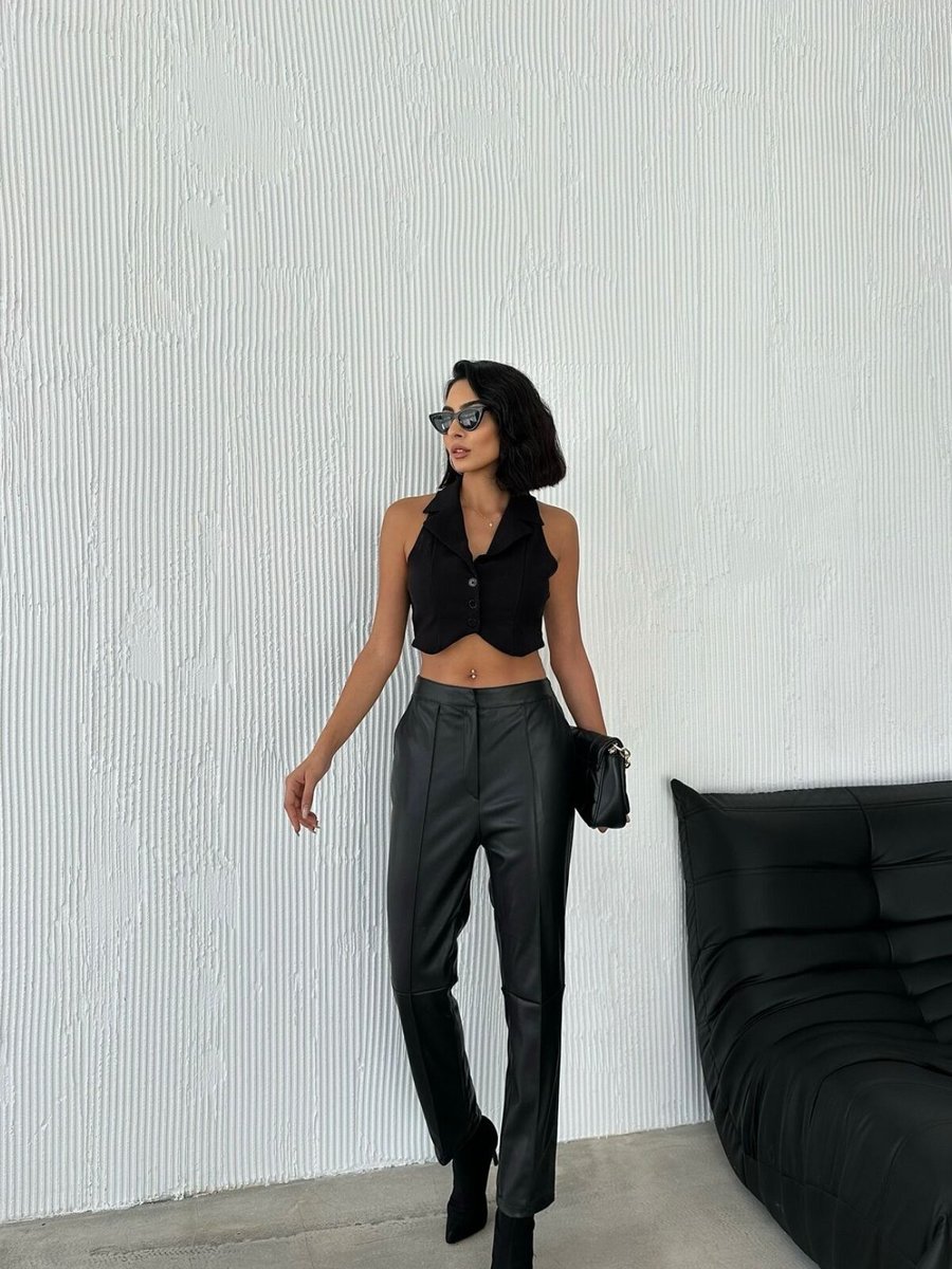 LOISY Siyah Renk Yüksel Bel İçi Kadife Deri Pantolon