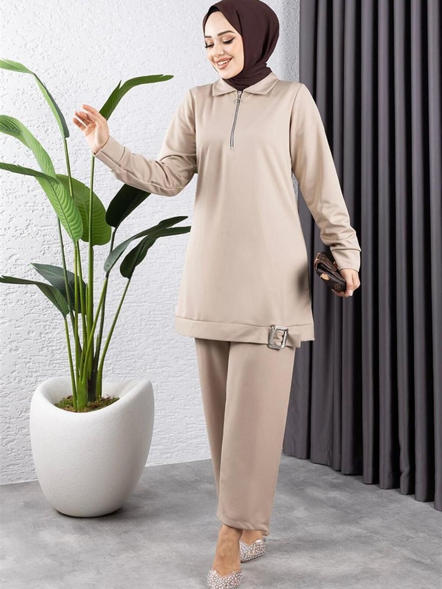 Mec Fashion Bej Yarım Fermuarlı Spor İkili Takım