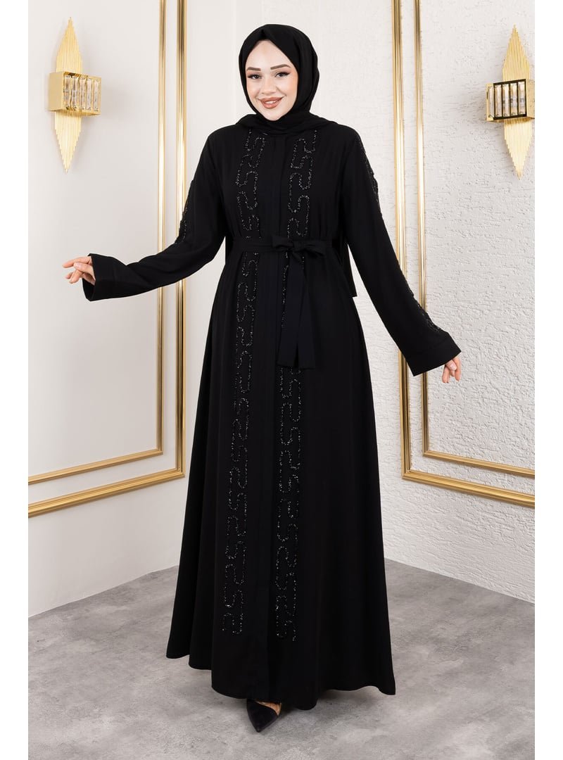 Tesettür Dünyası Siyah Zincir Taş Detaylı Abaya